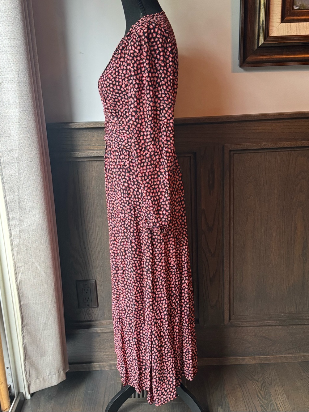 Leith navy, red, pink Floral Long Sleeve V-Neck Midi Dress small - Picture 3 of 11
